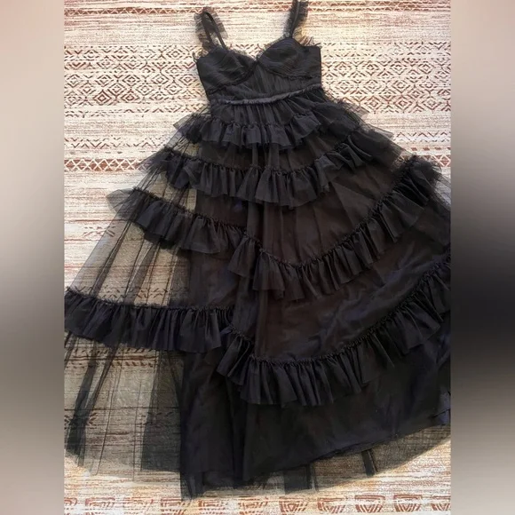Betsy & Adam Black Ruffled Prom Dress